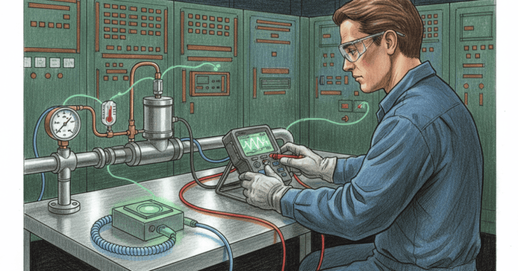 Colored-pencil illustration of an electrical technician calibrating a 4–20 mA process transmitter with a handheld loop calibrator.