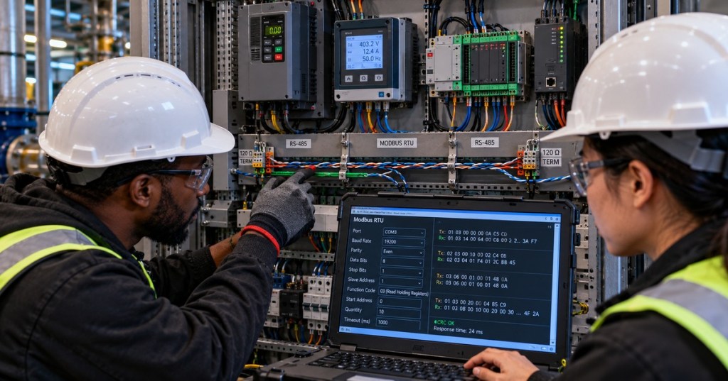 Two industrial technicians commissioning a Modbus RTU over RS-485 network at a control cabinet with PLCs, drives, meters, 120-ohm termination points, and a laptop showing serial settings and CRC-verified Modbus frames.