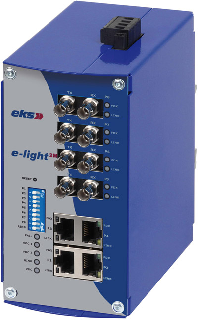 DIN-rail industrial Ethernet switch used in automation networks.