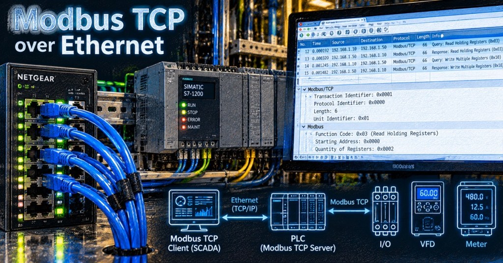 Industrial Modbus TCP network with Ethernet switch, PLC, packet capture, VFD, I/O, and meter communication.