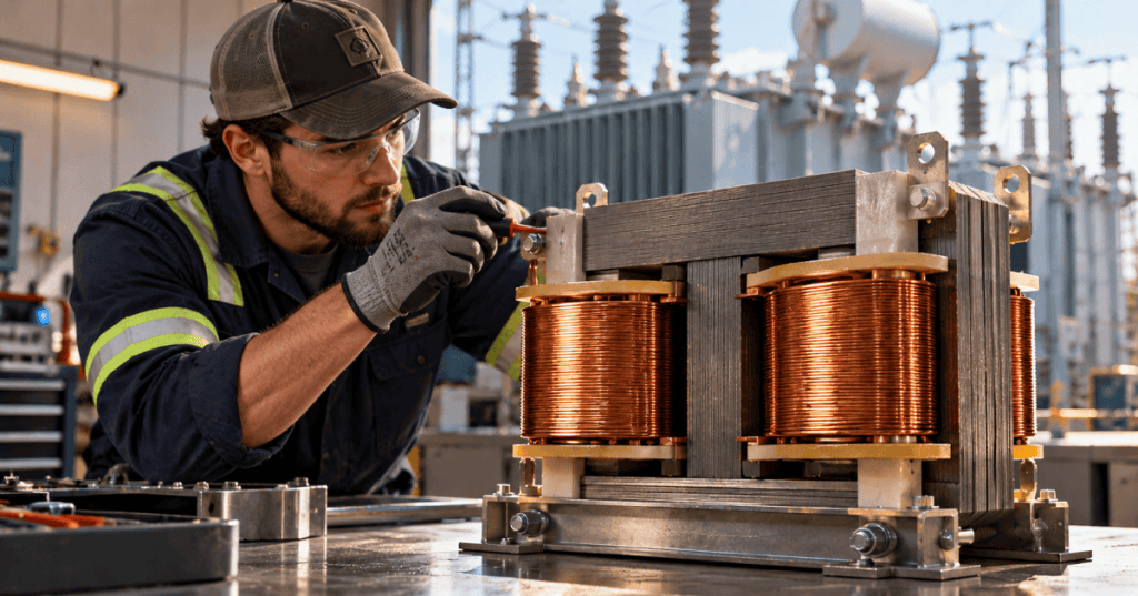 Technician safely inspecting a copper-winding transformer assembly in an electrical workshop