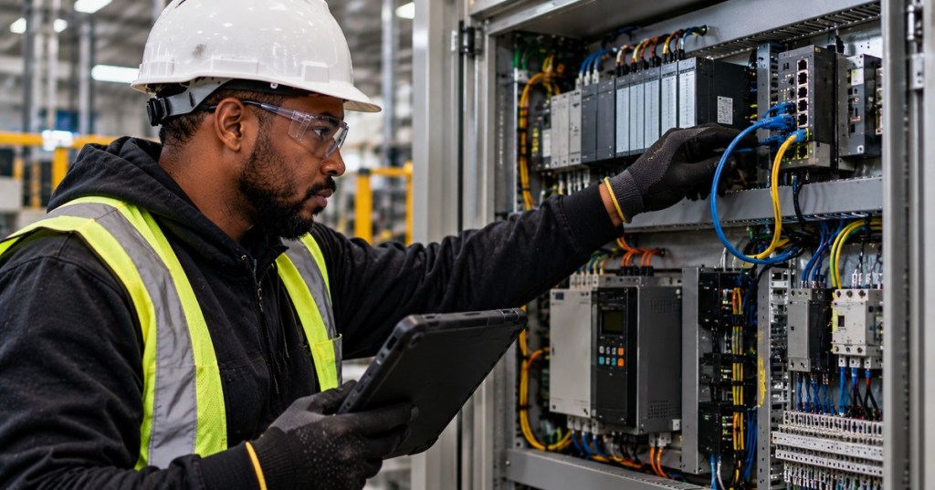 African American industrial automation technician troubleshooting an EtherNet/IP control cabinet with PLC modules, Ethernet cabling, and a rugged tablet