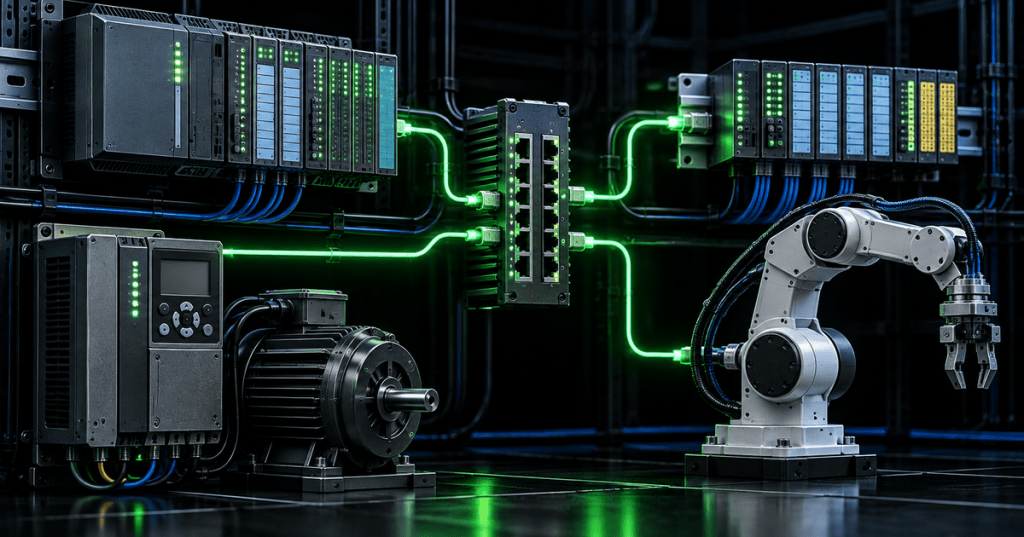 Industrial PROFINET network with PLC, remote IO, Ethernet switch, VFD, motor, and robot connected by green industrial Ethernet links