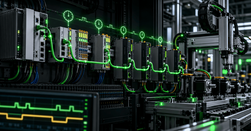 Industrial automation cabinet and motion system representing EtherCAT real-time networking, synchronization, and field troubleshooting.