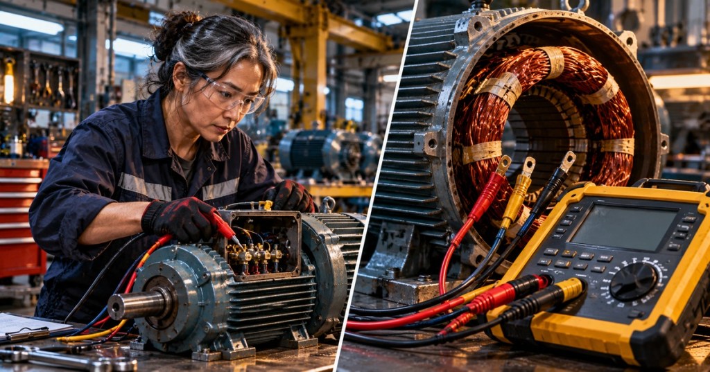 Split-screen editorial image of a middle-aged Asian woman electrical technician testing a safely deenergized industrial motor, beside copper stator windings and an electrical resistance meter.