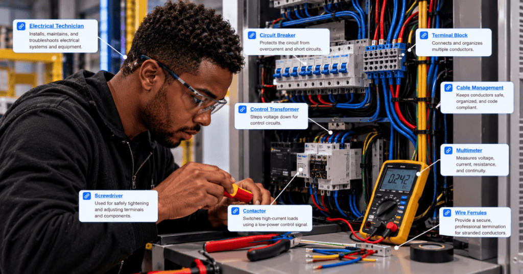 Black male electrical technician inspecting a three-phase motor control cabinet with multimeter and protective equipment