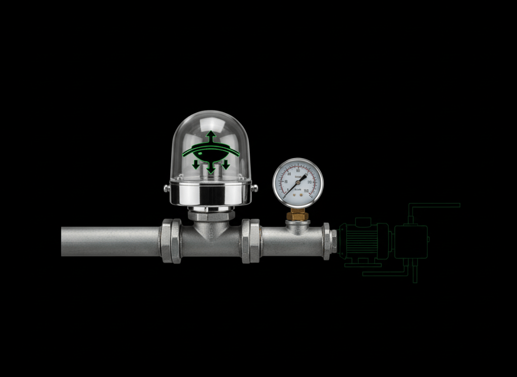 Industrial pressure switch connected to piping, with a pressure gauge and pump control equipment on a black technical background.