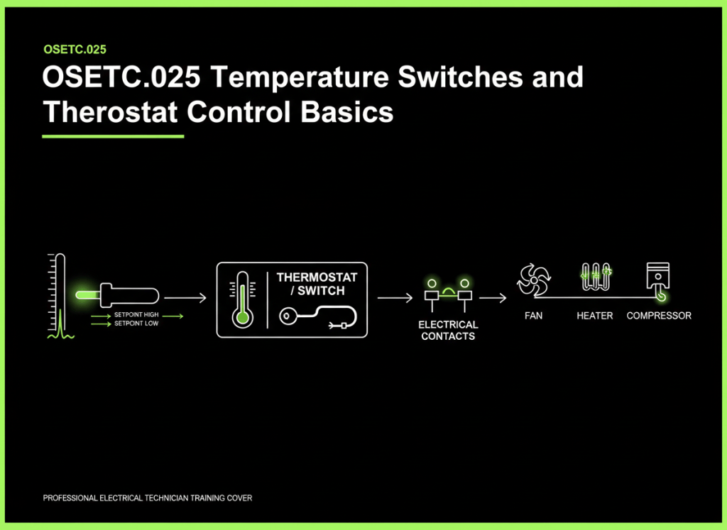 Diagram showing a temperature sensor feeding a thermostat or temperature switch that controls equipment, with setpoint and differential switching points illustrated.