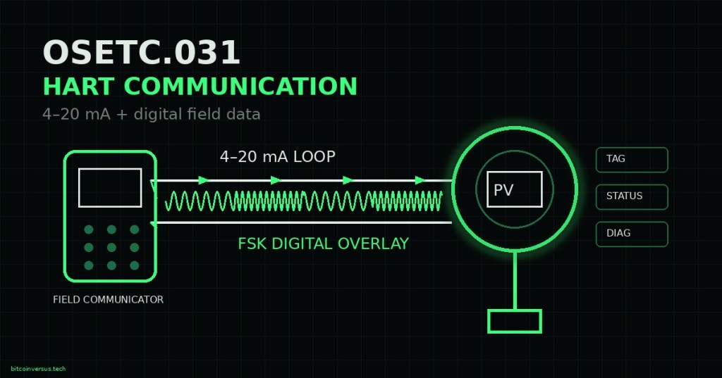 Dark technical illustration of a HART field communicator connected to a 4–20 mA transmitter loop with a digital FSK waveform