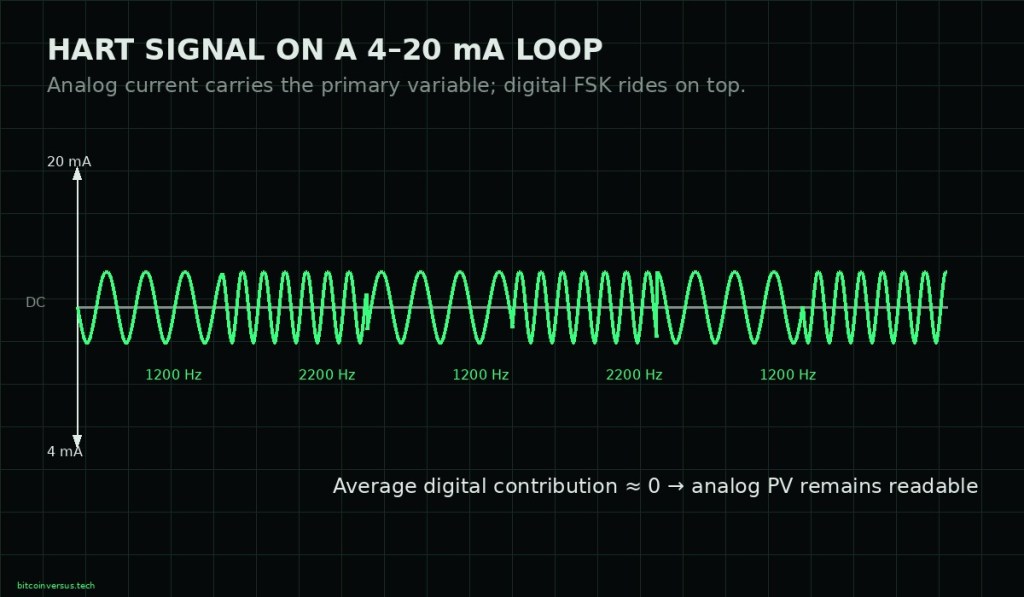 Diagram showing a HART frequency-shift-keyed digital waveform superimposed on a 4–20 mA analog current loop