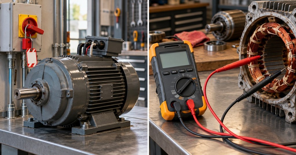 An isolated, locked-out industrial motor beside an insulation resistance tester used for evaluating motor winding insulation.