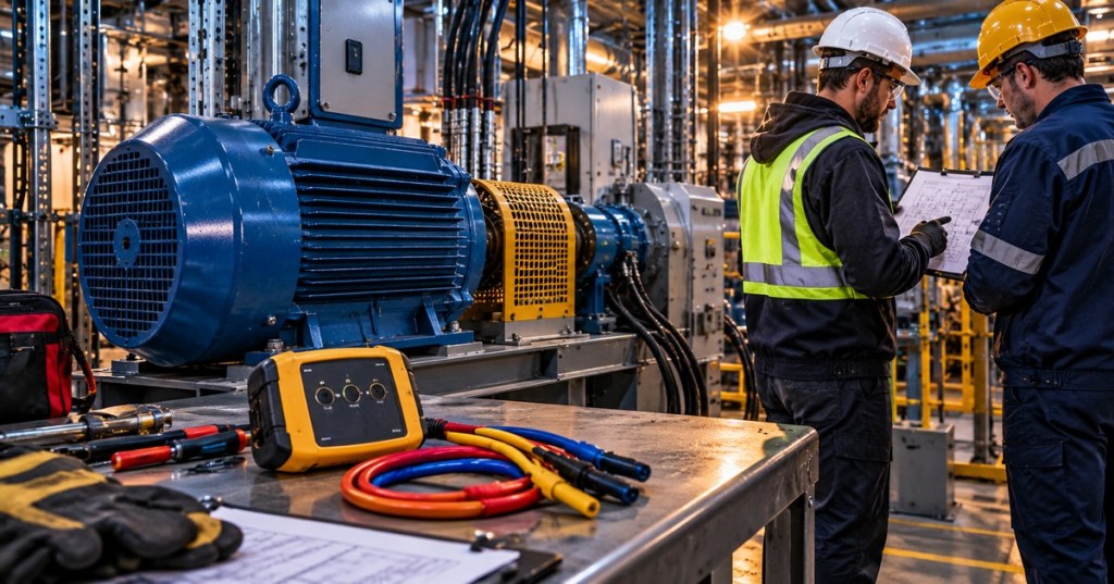Industrial three-phase motor with test equipment as technicians review a maintenance schematic on a factory floor