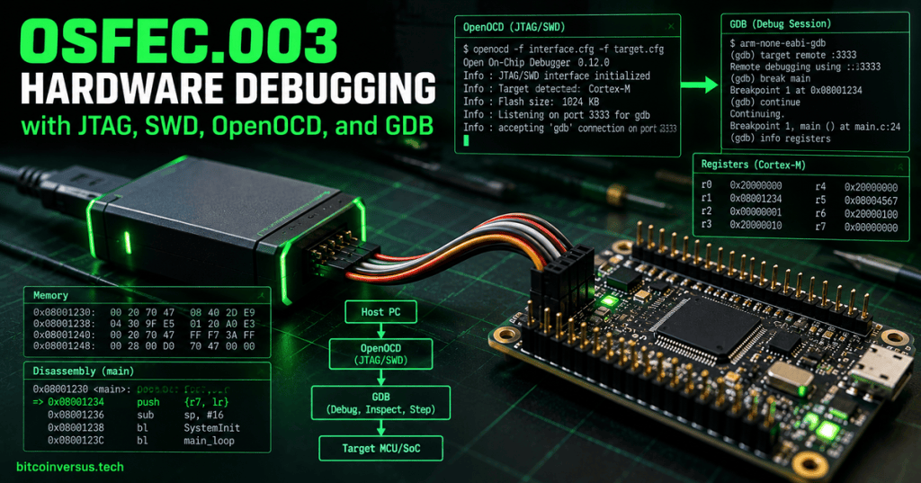 Debug probe connected to a microcontroller with OpenOCD and GDB diagnostic panels