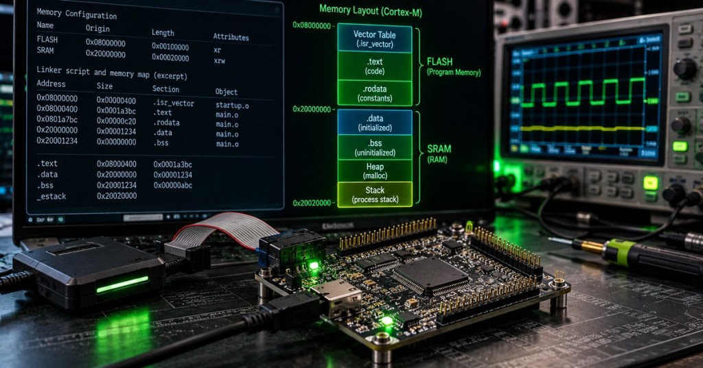 Realistic embedded firmware engineering workbench with microcontroller development board, debug probe, oscilloscope, linker map, and Cortex-M flash and SRAM memory layout on monitors with neon-green accents.