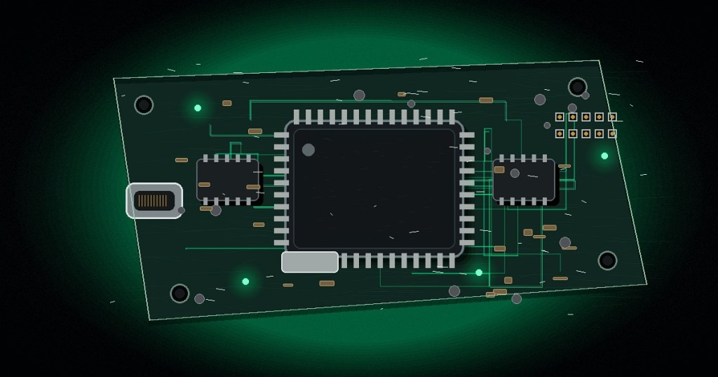 Original comic and colored-pencil technical illustration of an embedded microcontroller board with a central MCU, flash memory chips, debug header, and neon-green diagnostic lighting on a dark workbench.