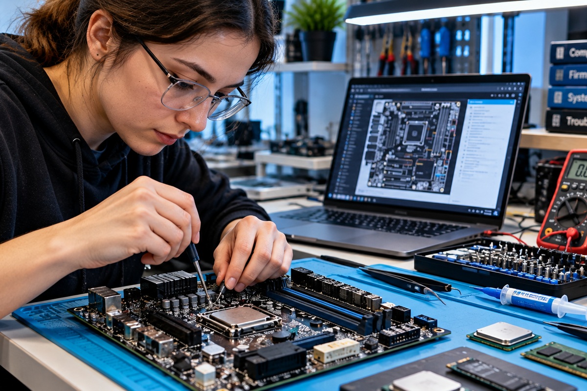 Engineer diagnosing embedded hardware at an electronics bench with instruments and a microcontroller board