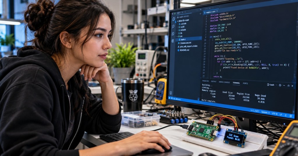 Firmware engineer working at an embedded systems bench with an I2C-connected microcontroller and display