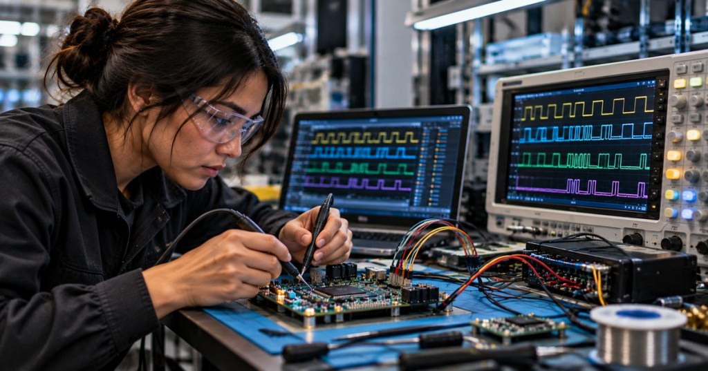 Firmware engineer probing an embedded PCB while SPI timing waveforms are displayed on a logic analyzer and oscilloscope