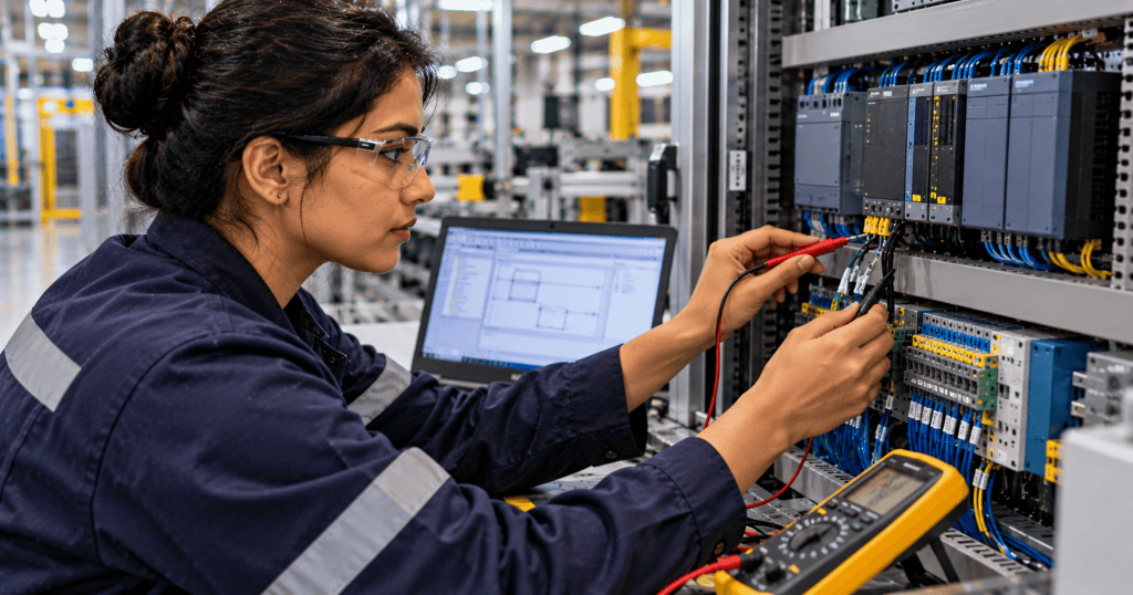 South Asian woman embedded systems engineer testing a networked industrial controller in a factory automation laboratory