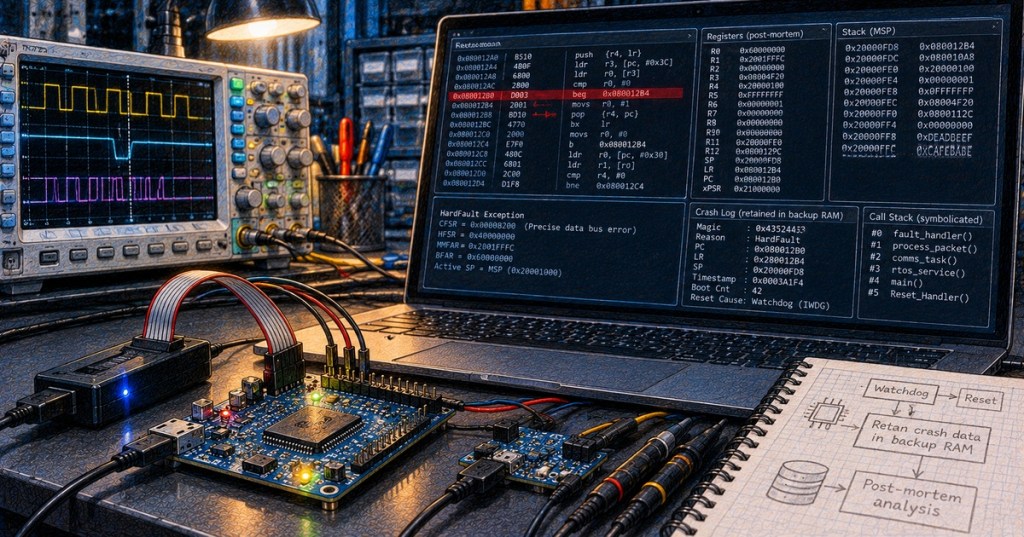 Embedded systems debugging bench with a microcontroller, debug probe, oscilloscope, HardFault registers, retained crash data, and symbolicated call stack.