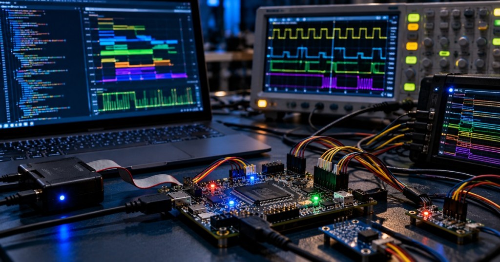 Embedded firmware lab with a microcontroller board, oscilloscope, logic analyzer, RTOS timing traces, and debugging equipment.