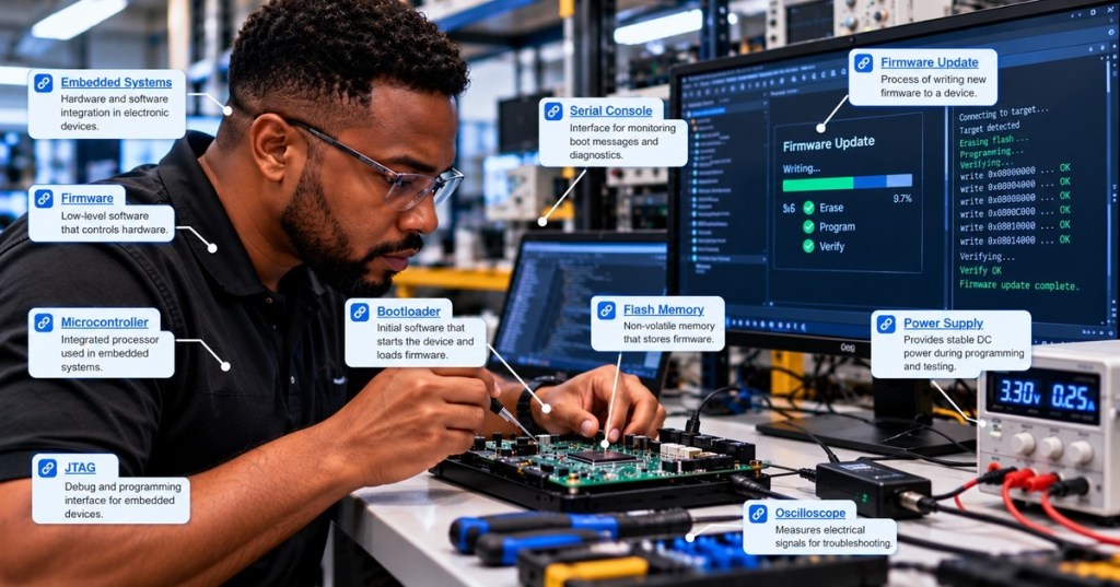 Black male firmware engineer probing an embedded circuit board in an electronics lab with labeled firmware concepts and testing instruments