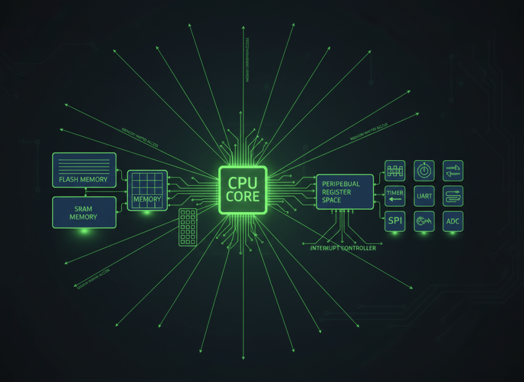 Microcontroller architecture with CPU, flash, SRAM, peripheral register space, interrupt controller, and connected hardware peripherals.