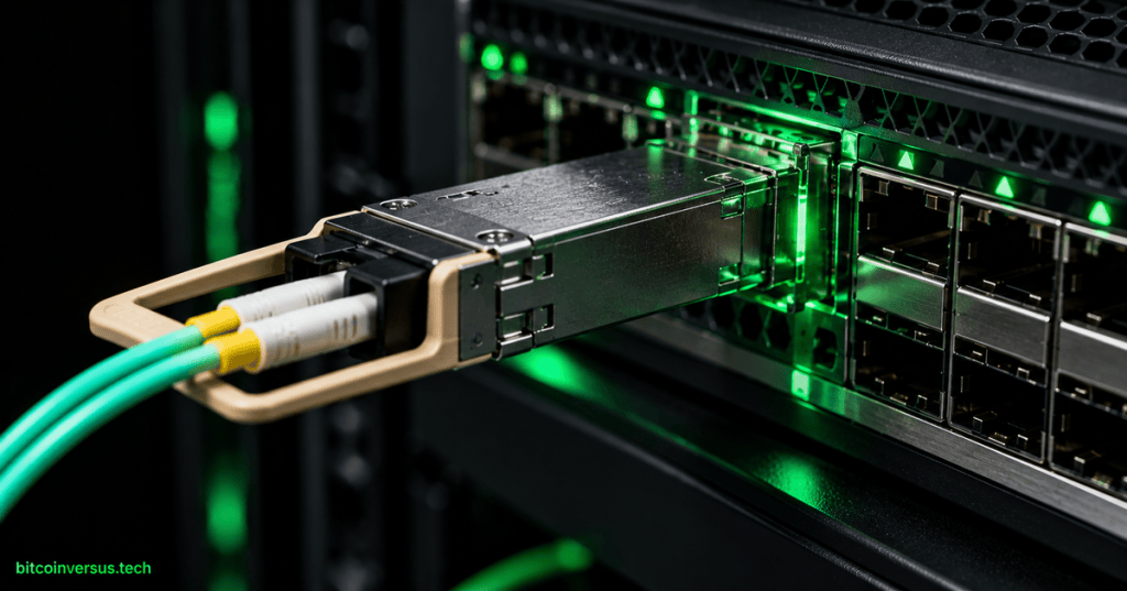 Fiber-optic transceiver module installed in a data-center switch with green optical fibers and neon-green indicators