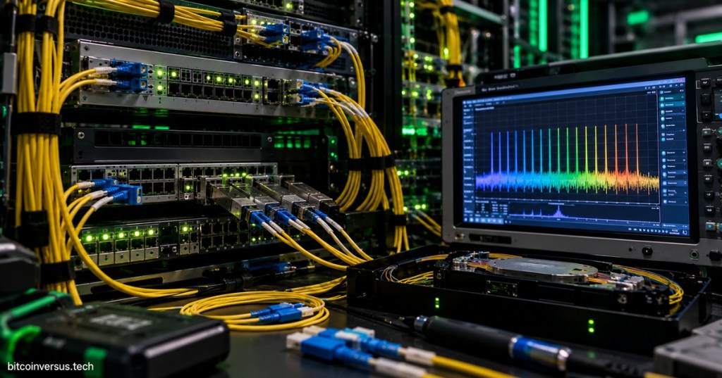 Realistic fiber-optic engineering lab with dense yellow fiber patching, optical transceivers, DWDM hardware, and an optical spectrum analyzer showing multiple wavelength channels.