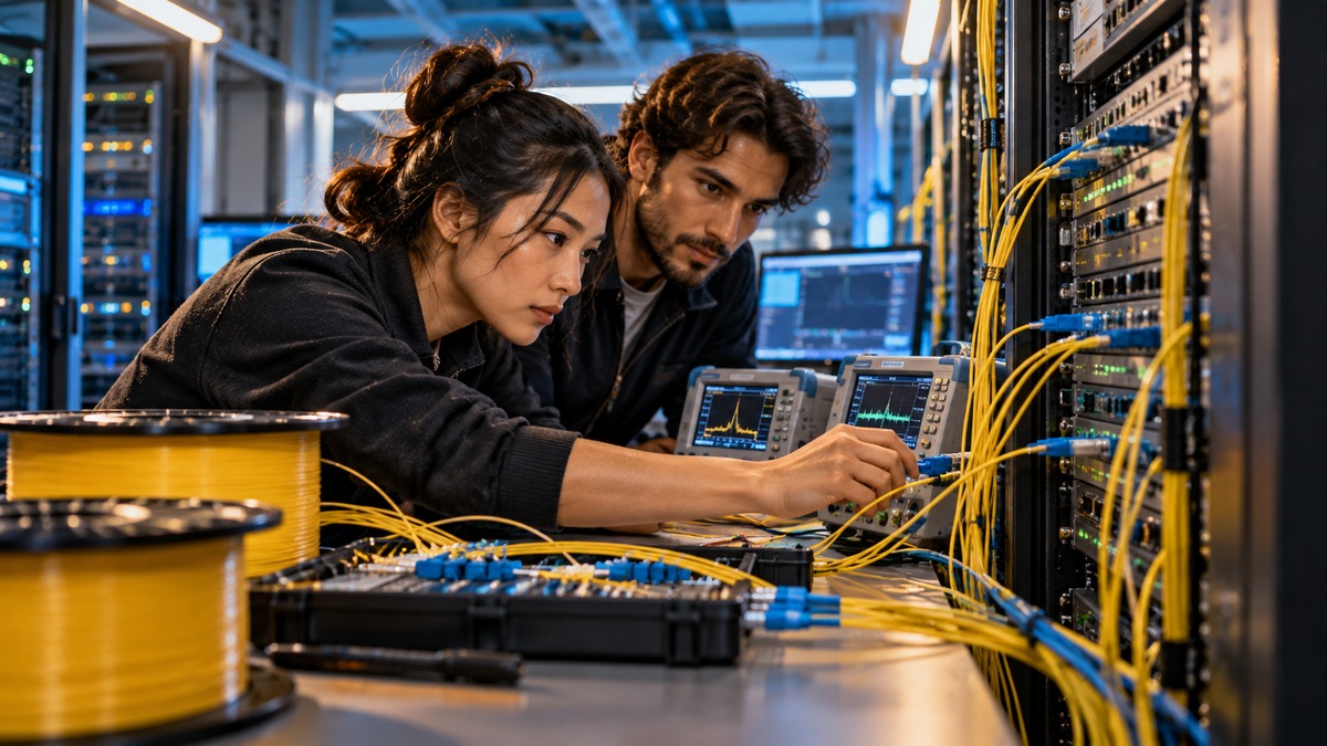 Two optical engineers testing fiber links at a photonics bench beside dense fiber racks.