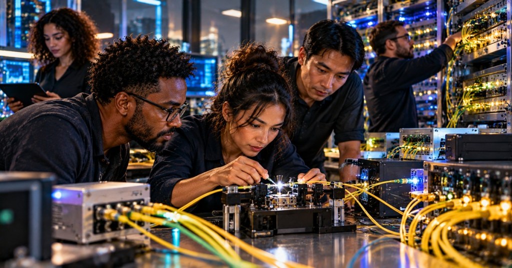 A diverse optical engineering team working with fiber equipment in a modern photonics laboratory.