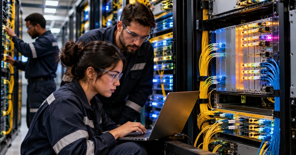 Fiber optics engineers working beside dense optical line-system equipment and fiber connections in a modern data center