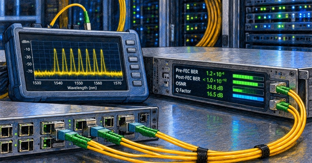 Colored-pencil illustration of optical performance monitoring equipment showing DWDM spectrum, OSNR, BER, and coherent DSP telemetry.