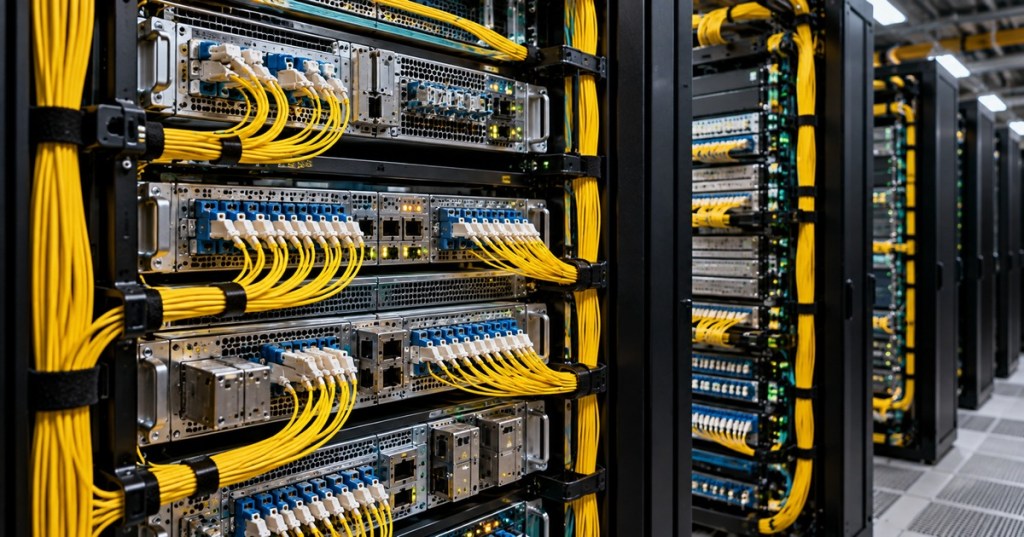 High-capacity optical transport equipment with organized fiber connections inside a modern data center.