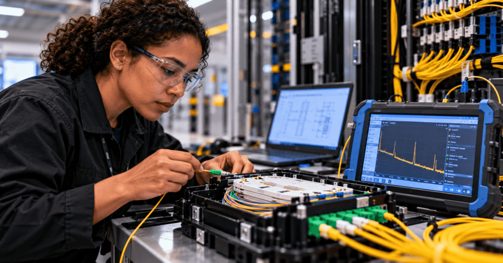 Female optical engineer examining test instrument and fiber-optic terminations in a detailed telecom lab