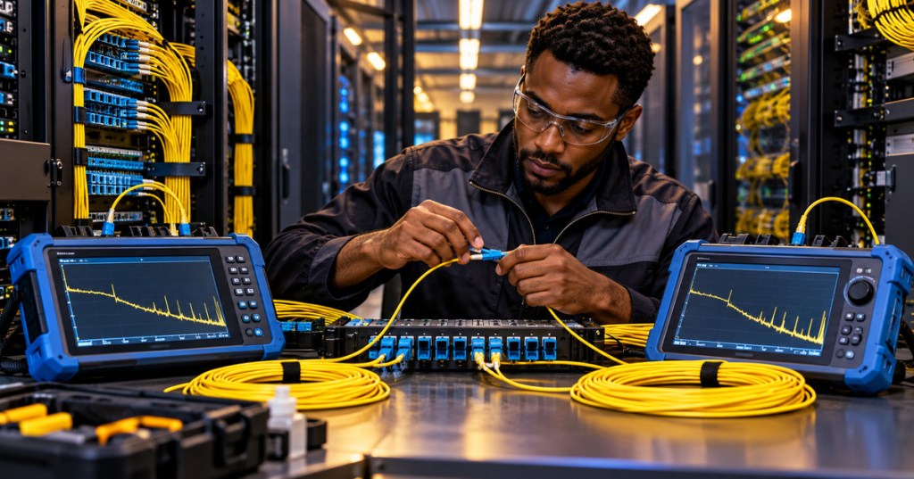 Fiber engineer at a rack bench with two optical time-domain reflectometers and yellow fiber connections