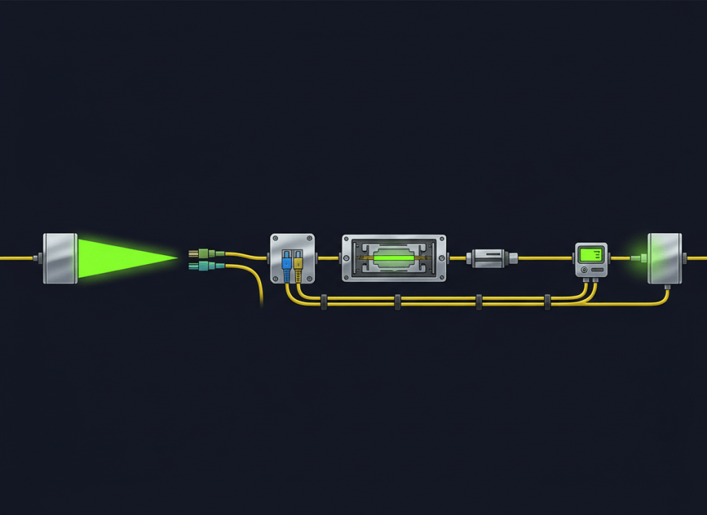 Optical transmitter, singlemode fiber path with connectors and splice, optical power meter, and receiver illustrating link loss.