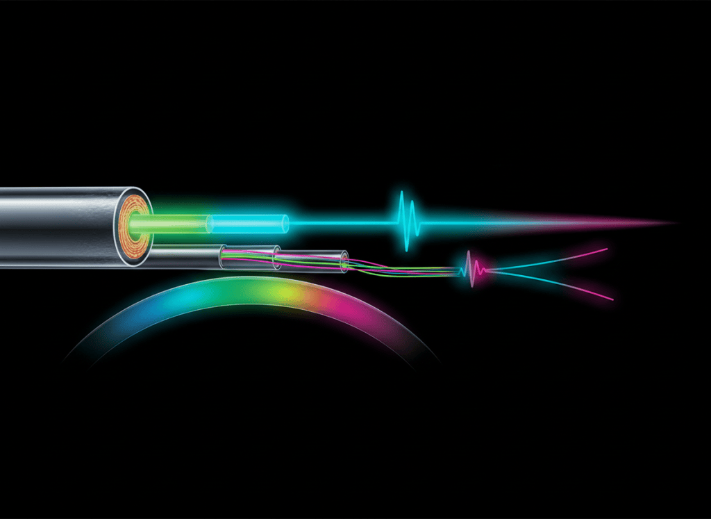 Optical fiber with light pulses broadening through modal, chromatic, and polarization dispersion effects shown without text.