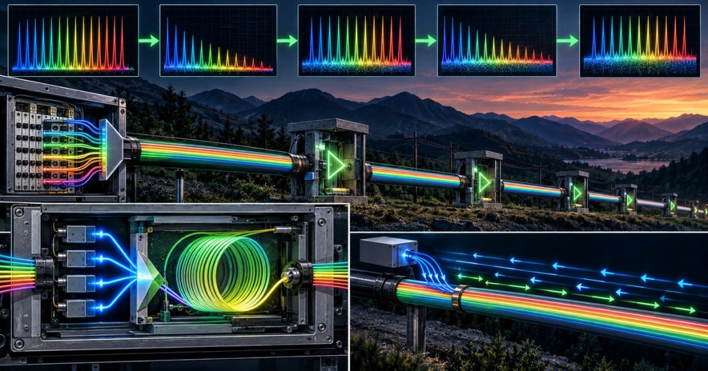 DWDM optical channels amplified across long fiber spans using EDFA and Raman amplification