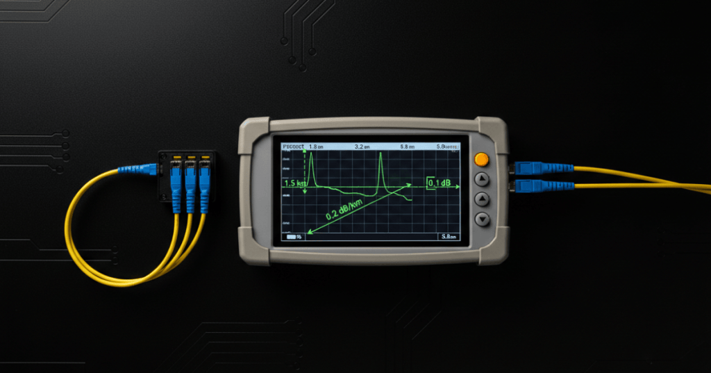 Handheld OTDR connected to launch and receive fibers with a fiber trace showing connector, splice, and end events on a dark technical background.