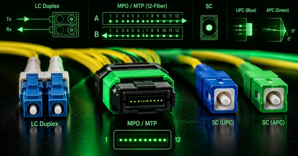 LC duplex, MPO/MTP, SC UPC, and SC APC fiber optic connectors on a black surface with neon-green polarity and connector diagrams.