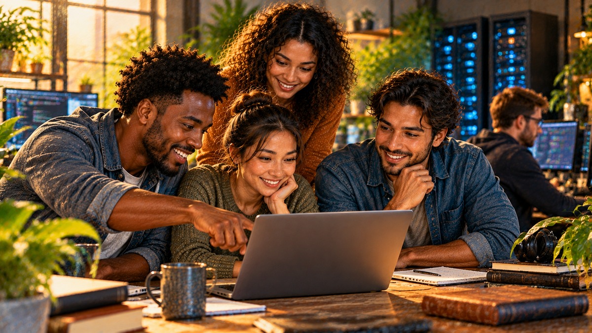 A diverse technical team reviewing work together in a modern server workspace.