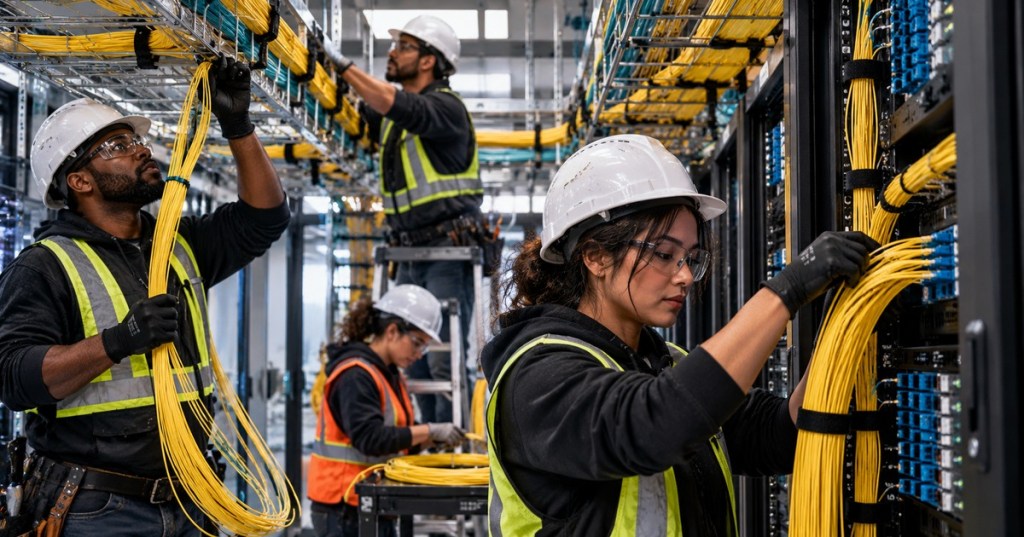 Fiber technicians routing yellow optical fiber cabling through data center racks and overhead cable trays.