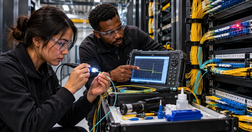Fiber optic technicians troubleshooting a data center link using connector inspection tools and an OTDR beside high-density fiber patch panels