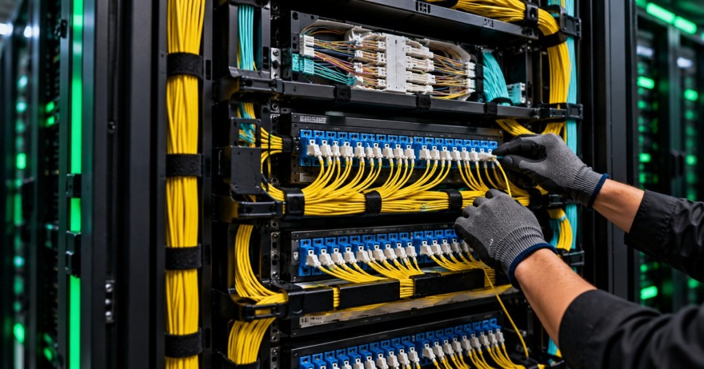 Technician managing neatly routed fiber-optic patch cords in a high-density optical distribution frame inside a data center.