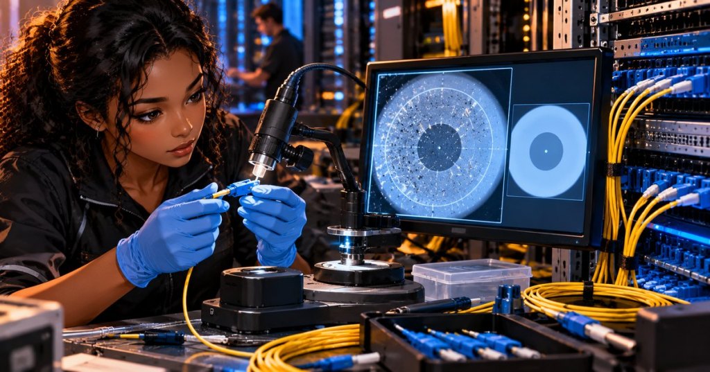 Detailed editorial photo/anime blend of a Black fiber-optic technician using a digital inspection microscope to examine a blue LC connector, with dirty and clean connector-endface examples on a monitor.