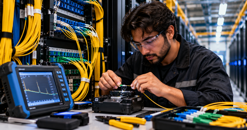 Young male fiber technician inspecting fiber strands and splice equipment in a detailed data center fiber workspace