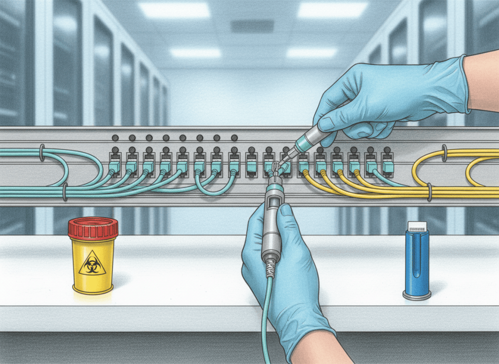 Fiber technician inspecting and cleaning an LC connector at a neatly routed data-center fiber patch panel.