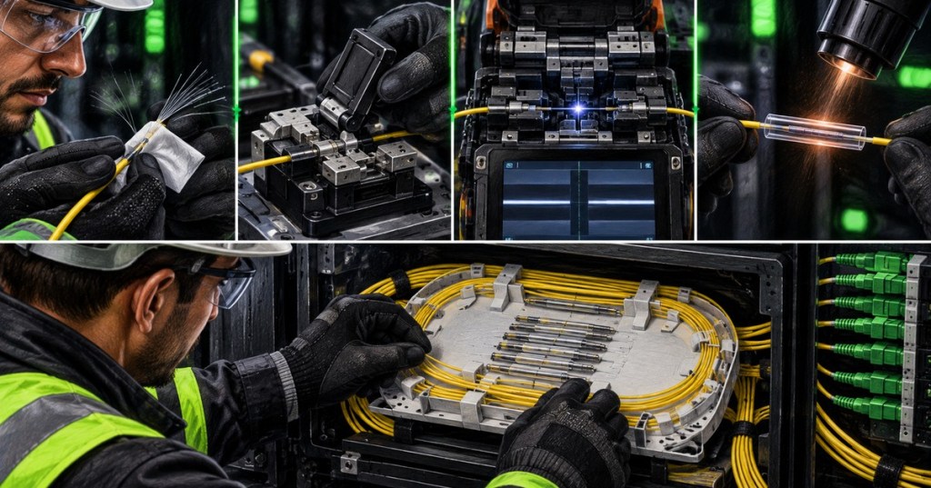 Fiber optic technician stripping, cleaning, cleaving, fusion splicing, protecting, and routing optical fiber in a splice tray