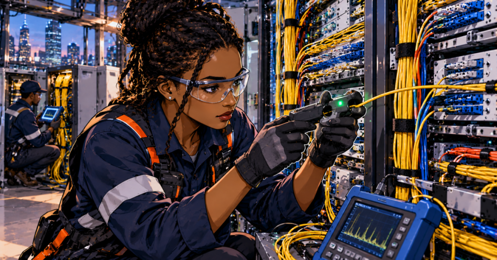 Black woman fiber technician using optical live-fiber identifier amid patch panels and optical test equipment, wordless comic illustration